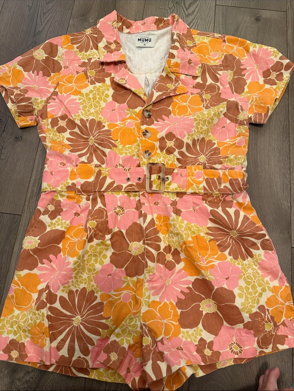 Floral Short Sleeve Belted Romper in Pink & Orange, Show Me Your Mumu, size XL - Picture 3 of 4